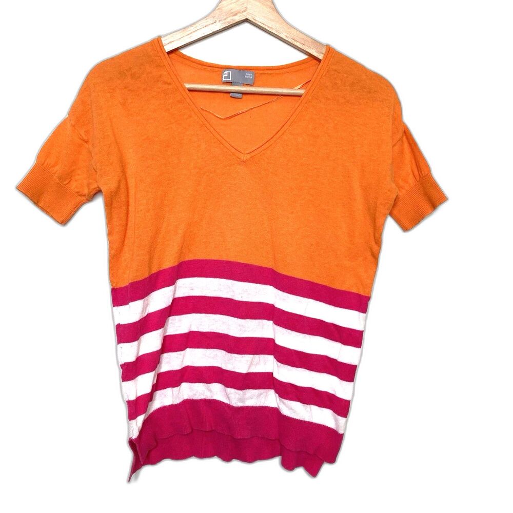 JcPenny Womens Medium Sweater Linen Blend V Neck Short Sleeve Stripe Orange Pink